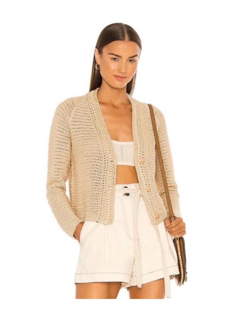 Vince Beige Open-Knit Button Front Cardigan